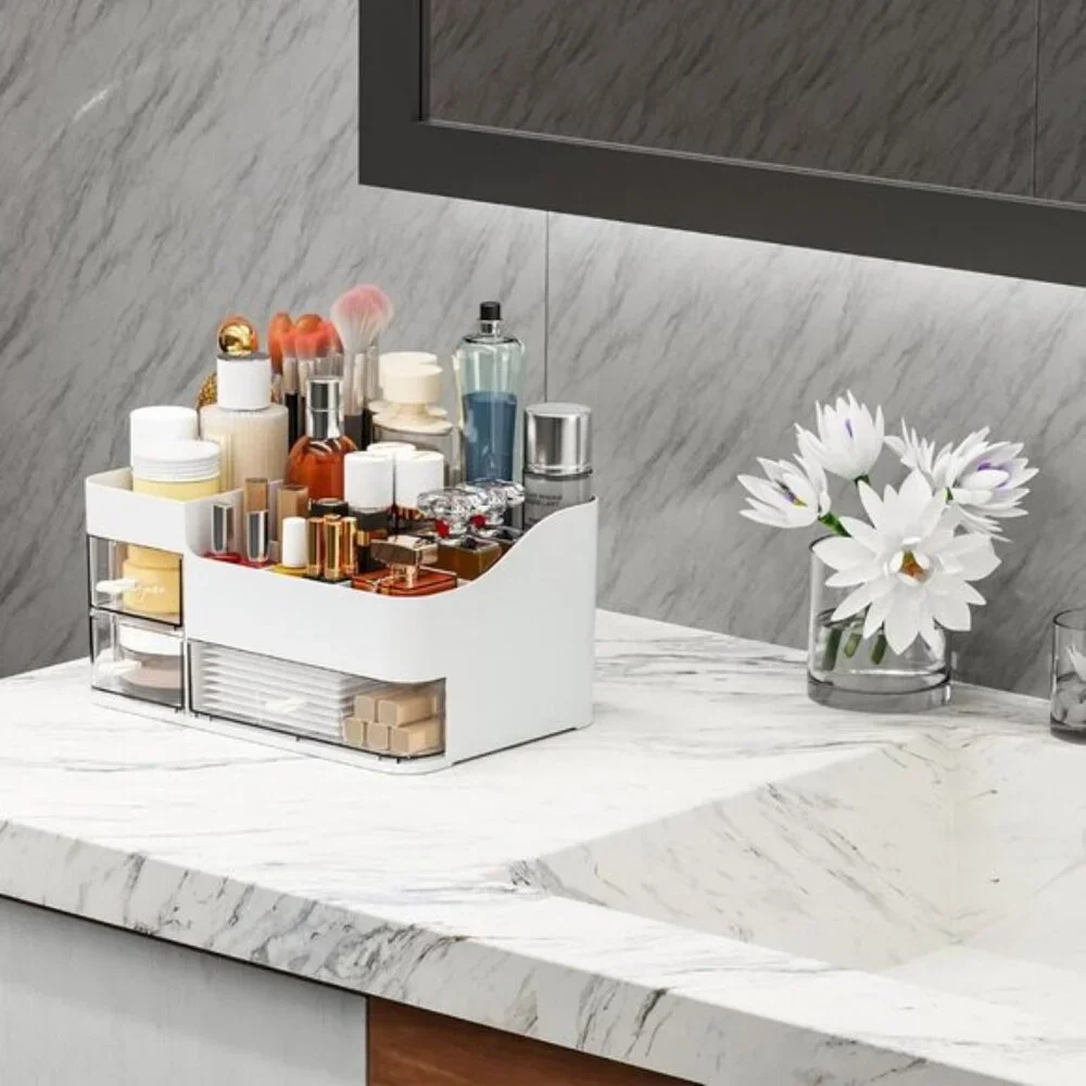 New White Makeup Organizer for Vanity, Large Plastic Drawer Storage for Skincare